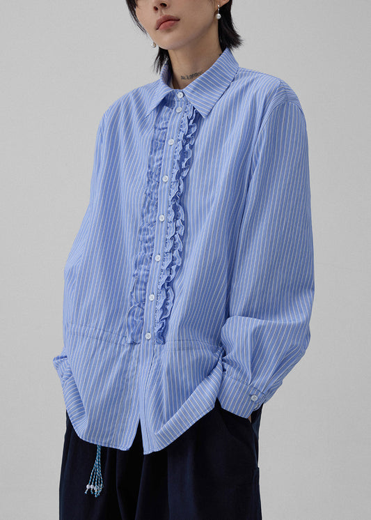Striped Ruffled Blue Shirt Fall Collar Peter Pan Cotton