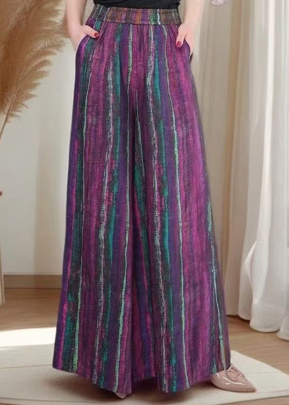 Striped Blue Elastic Waist Leg Pockets Wide Pants Cotton Fall