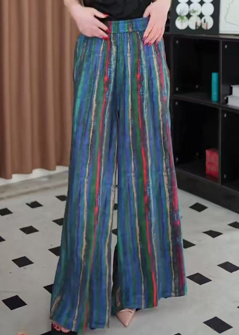 Striped Blue Elastic Waist Leg Pockets Wide Pants Cotton Fall