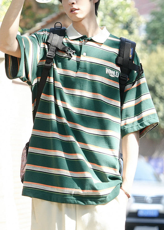 Polo Button Men Green Letter Summer Striped Cotton Shirt