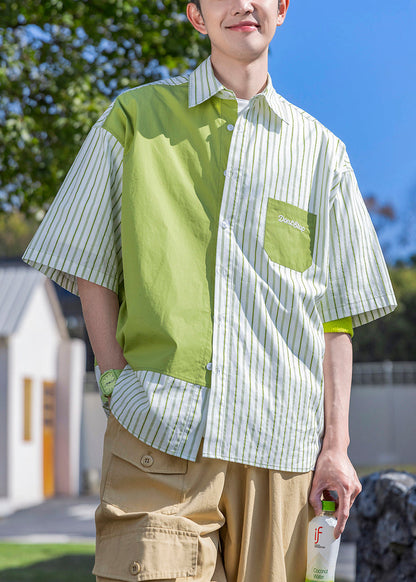 Letter Green Shirts Mens Patchwork Cotton Sleeve Striped Half