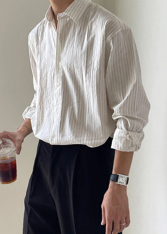 Cotton Men White Peter Shirt Pan Striped Button Spring Collar