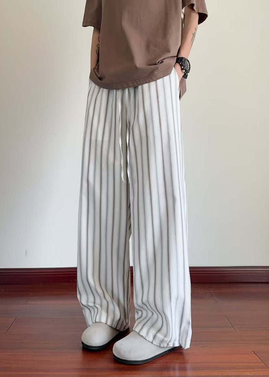 Leg Pockets Waist Elastic Wide Men Cotton Striped White Pants