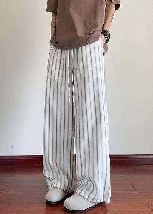 Leg Pockets Waist Elastic Wide Men Cotton Striped White Pants