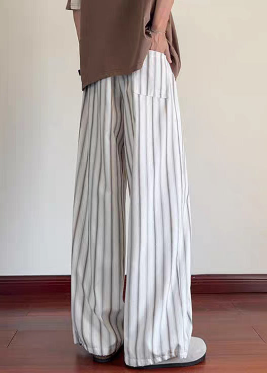 Leg Pockets Waist Elastic Wide Men Cotton Striped White Pants