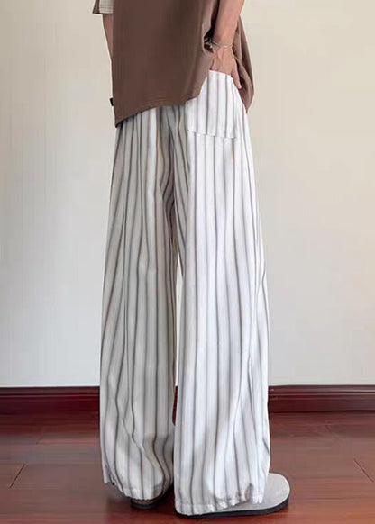 Leg Pockets Waist Elastic Wide Men Cotton Striped White Pants
