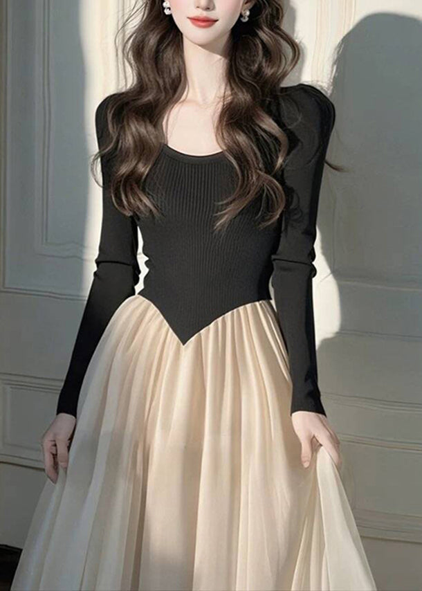 Dress Wrinkled Long Patchwork Knit Style Black