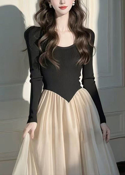 Dress Wrinkled Long Patchwork Knit Style Black