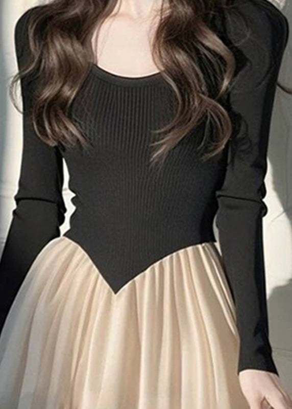 Dress Wrinkled Long Patchwork Knit Style Black