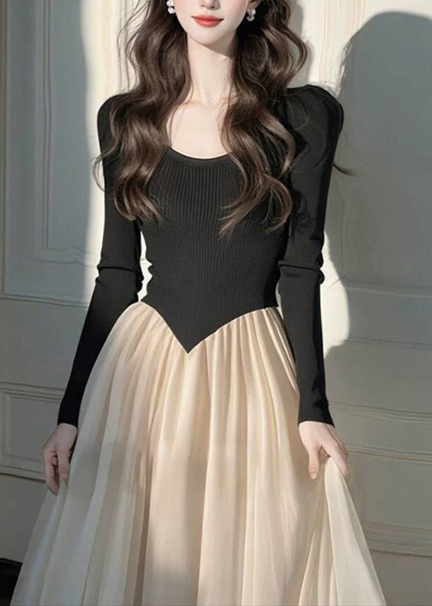 Dress Wrinkled Long Patchwork Knit Style Black