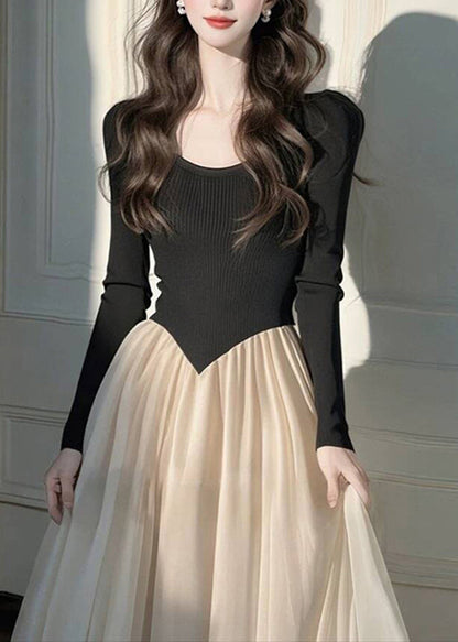 Dress Wrinkled Long Patchwork Knit Style Black