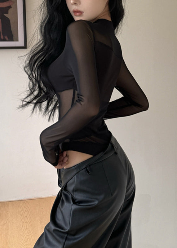 Mesh Bodysuit Patchwork Black O-Neck Style