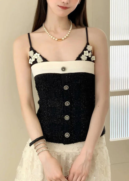 Vests Patchwork Black Cotton Flower Style Summer