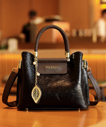 Durable Solid Black Leather Calf Handbag Style Tote