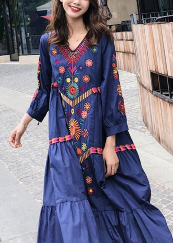 Stil Blau Bestickt Extra Große Saum Baumwolle Kleid Sommer YY022