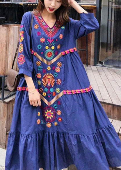 Stil Blau Bestickt Extra Große Saum Baumwolle Kleid Sommer YY022