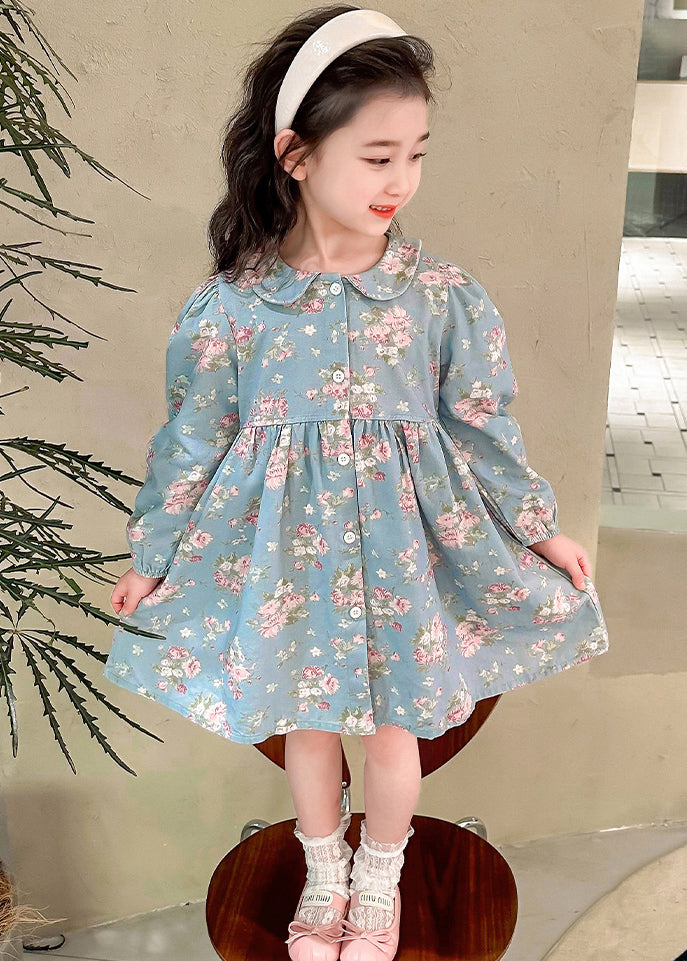 Style Blue Peter Pan Collar Patchwork Kids Maxi Dress Fall SS1043