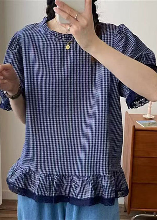 Plaid Top Blue Lace Summer Patchwork Style