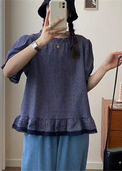 Plaid Top Blue Lace Summer Patchwork Style