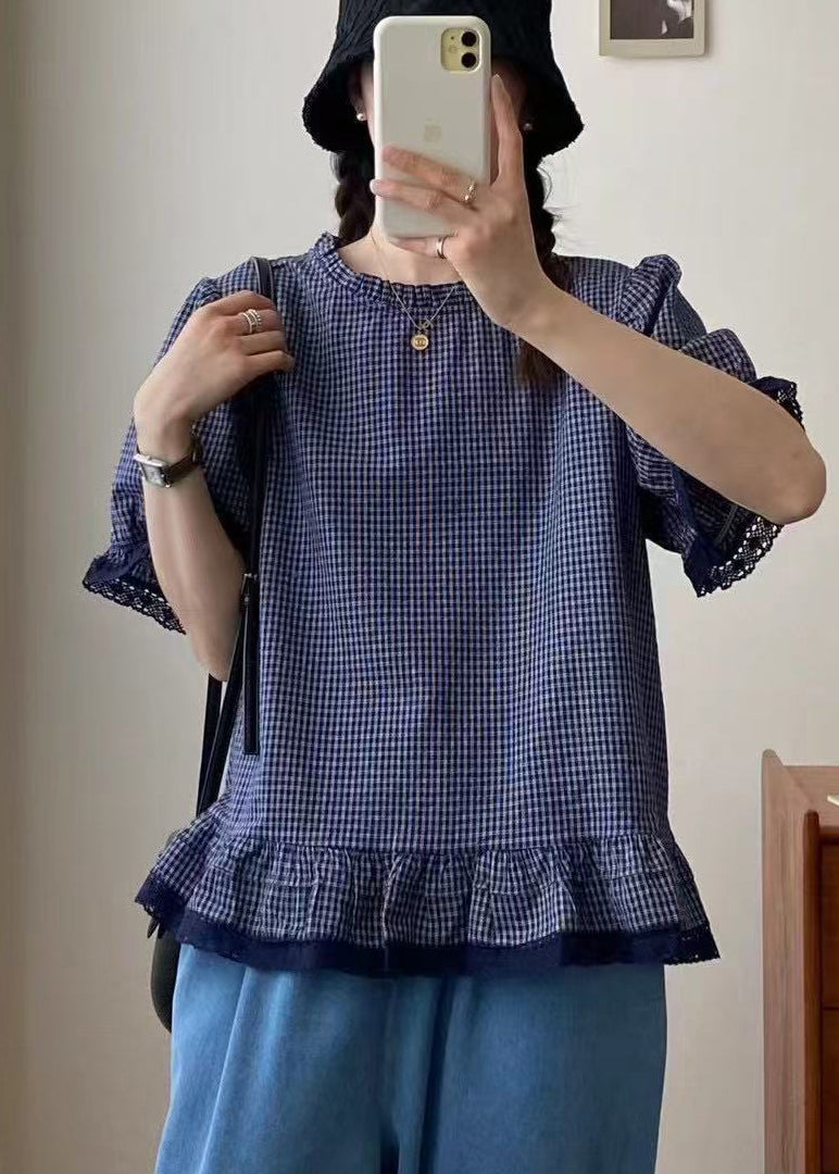 Plaid Top Blue Lace Summer Patchwork Style