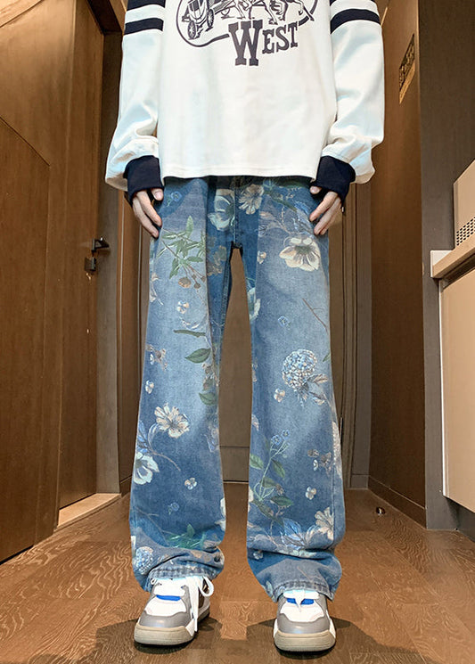 Style Bleu Poches Imprimé Hommes Jeans Été GEM566