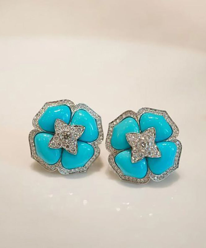 Style Blue Sterling Silver Zircon Turquoise Stud Earrings RA001