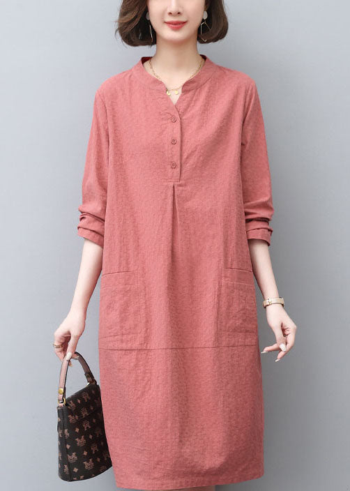 Tea Spring Dress Cotton Pockets Brick Red Style