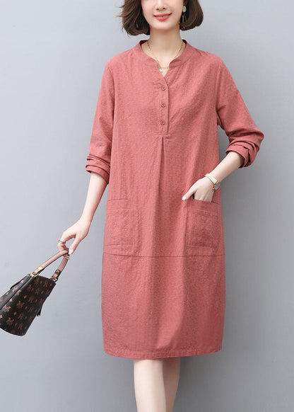 Tea Spring Dress Cotton Pockets Brick Red Style