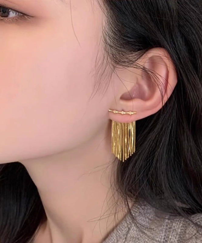 Style Gold Sterling Silver Overgild Bamboo Joint Tassel Drop Earrings PO031