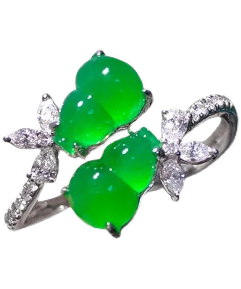 Style Green Sterling Silver Inlaid Zircon Jade Gourd Rings AC1054