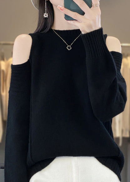 Style Grey O-Neck Cold Shoulder Woolen Knit Sweaters Spring YY038