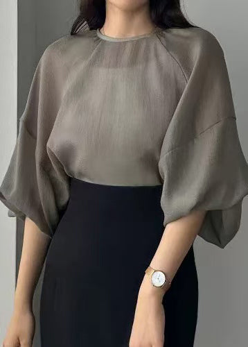 Style Grey Chiffon Tops Oversized Sleeve Sheer Lantern