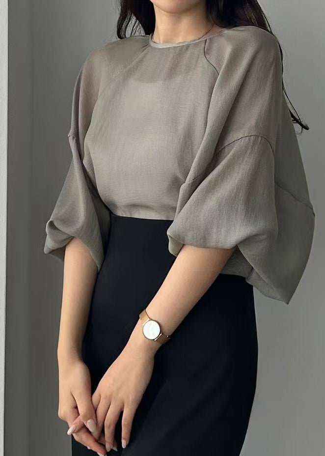 Style Grey Chiffon Tops Oversized Sleeve Sheer Lantern