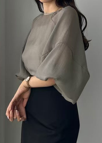 Style Grey Chiffon Tops Oversized Sleeve Sheer Lantern