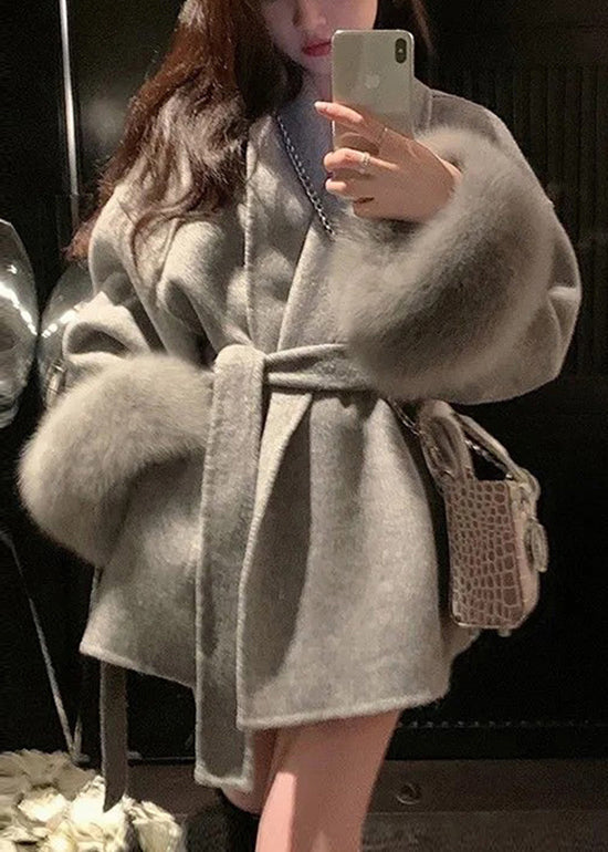 Style Grey Peter Pan Collar Faux Fur Patchwork  Woolen Coat Winter RS019