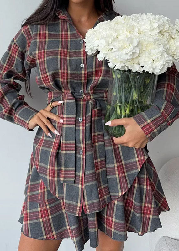 Two Cotton Style Plaid Pieces Ruffled Grey Summer Set