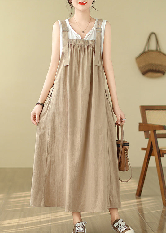 Cotton Summer Cami Oversized Khaki Dress Pockets Style