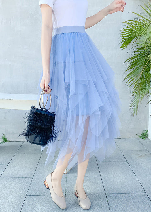 Style Light Blue Asymmetrical Elastic Waist Tulle Skirts Summer QQ1010