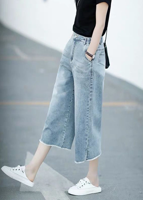 Crop Denim Style Elastic Trousers Blue Waist Light Pants Straight