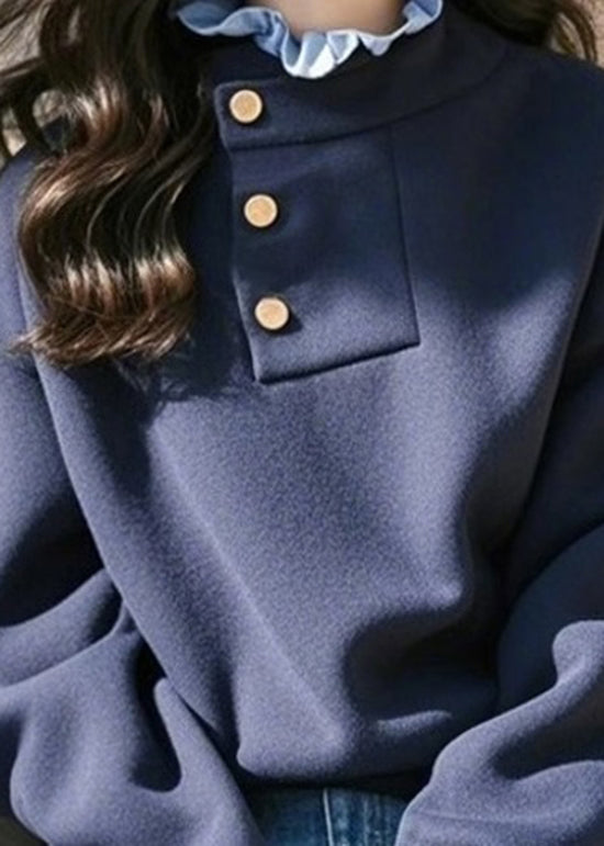 Style Navy Ruffled Patchwork Cotton Sweatshirt Spring TN024