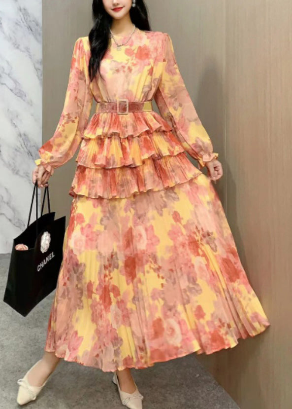 Style Orange Ruffled Patchwork Tie Waist Chiffon Dresses Long Sleeve XX039