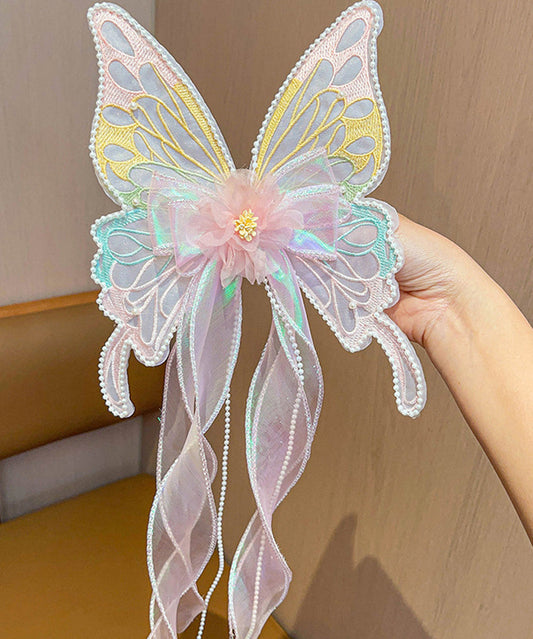 Style Pink Alloy Pearl Tulle Butterfly Ribbon Girls Hairpin YG026