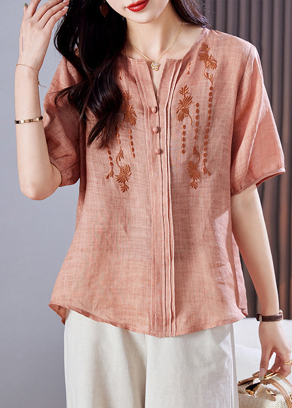 Linen Summer Style Top Shirt Embroidered Pink