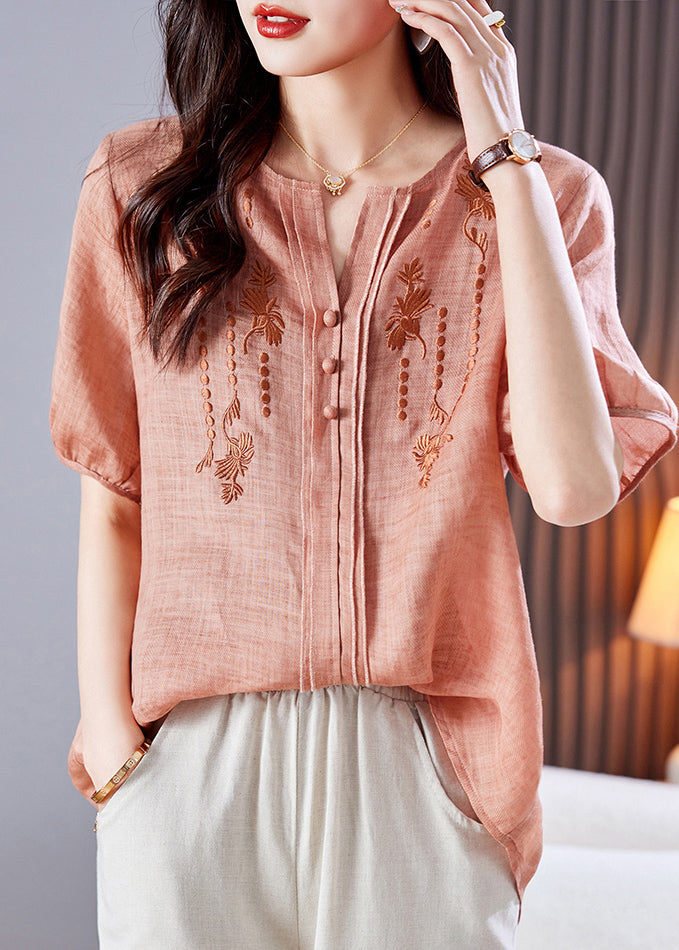 Linen Summer Style Top Shirt Embroidered Pink