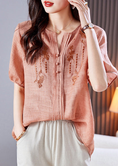 Linen Summer Style Top Shirt Embroidered Pink