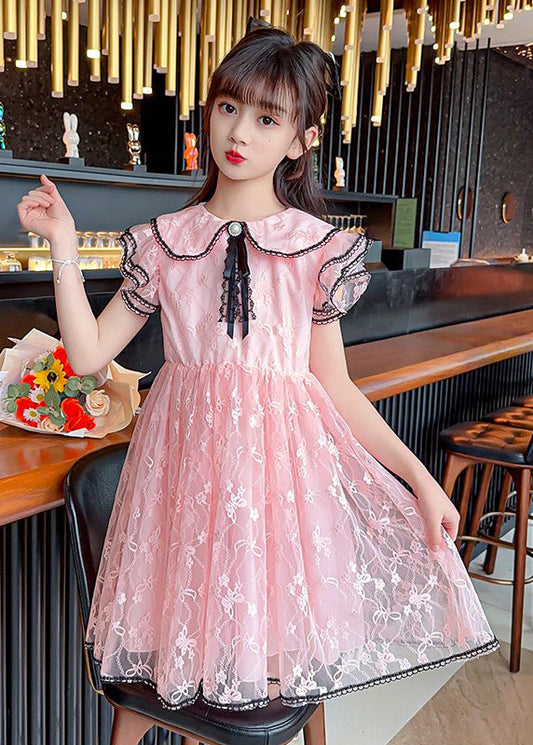 Style Pink O-Neck Bow Patchwork Tulle Kids Maxi Gowns Dress Summer XZ003