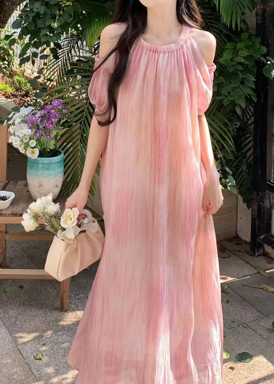 Robe en mousseline de soie rose à épaules dénudées et manches bouffantes XX059