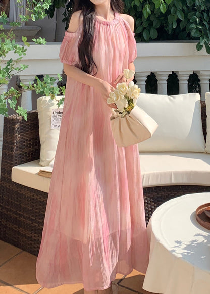 Robe en mousseline de soie rose à épaules dénudées et manches bouffantes XX059