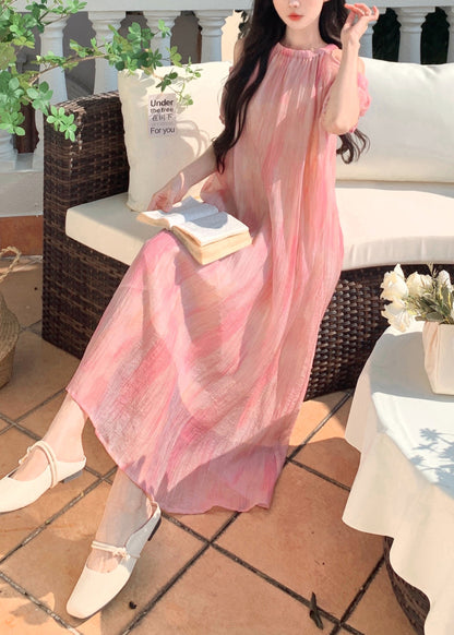 Robe en mousseline de soie rose à épaules dénudées et manches bouffantes XX059