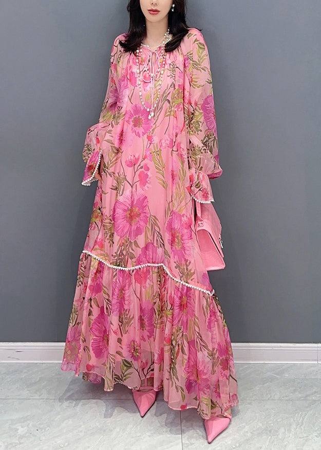 Style Pink Print Patchwork Chiffon Dress Long Sleeve EE1002